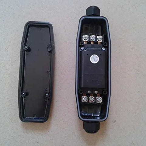 Inline GFCI Leak Protector Waterproof Outdoor Extension Cord Adapter With Easy Test And Reset Switch, showing opened casing with internal wiring.