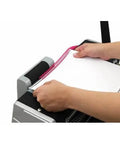 Using CoilMac-ER Plus Manual Coil Punch With Electric Inserter to bind papers with pink coil, 54 Disengageable Pins, precise binding tool