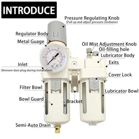 Dual Half Inch NPT Air Filter Regulator Lubricator All In One With Gauge 0 To 150 PSI Water Oil Trap Separator diagram