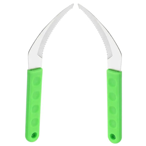 Two Pack Serrated Gardening Mowing Tool With Steel Sickle Handles Manual Weeder with green grips for yard work