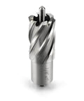 Annular cutter, front view; silver HSS cutter with 7/8 in diameter and 3/4 in Weldon shank
