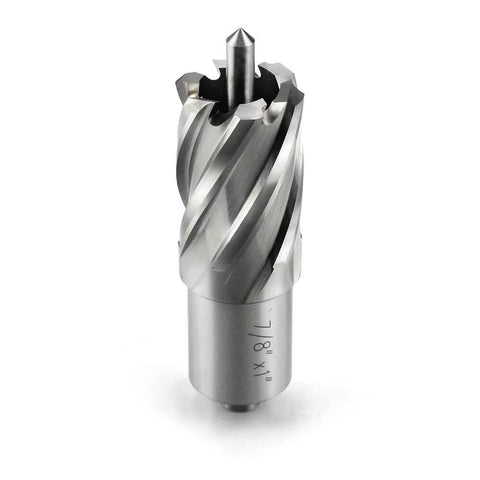 Annular cutter, front view; silver HSS cutter with 7/8 in diameter and 3/4 in Weldon shank