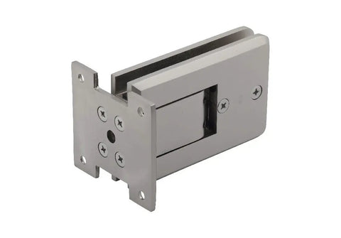 Rock Solid Brushed Nickel Self Centering Glass Door Hinge Featuring Quick Toggle Adjustment and Reliable Hold Open Lock for tempered glass