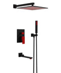 Badass Black And Red Rain Shower System With Wall Mounted Mixer Combo Featuring Slick Handheld Sprayer Plus Tub Spout and Hella Smooth Water Saving Flow For Easy Clean Bathroom Setup.