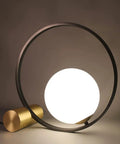Mid Century Modern Glass Globe Desk Lamp With Gold Ring, Plug In Nightstand Reading Light For Bedroom And Office, Frosted Globe Shade