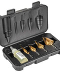 Heavy Duty Step Drill Bit Set For DIY With Spiral Double Fluted Titanium Nitride Coated Bits, Pro Grade Four Piece From Half Inch To One And Three Eighths Inch Sizes, Quarter Inch Shank, In Rugged Carry Case Klein Tools in open case view