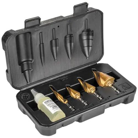 Heavy Duty Step Drill Bit Set For DIY With Spiral Double Fluted Titanium Nitride Coated Bits, Pro Grade Four Piece From Half Inch To One And Three Eighths Inch Sizes, Quarter Inch Shank, In Rugged Carry Case Klein Tools in open case view