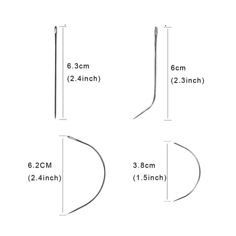 Pro Grade Hair Extensions Tool Kit With 200 Silicone Micro Lined Beads Three Hole Hair Pliers Sewing Thread Loop Needle Threader Pulling Hook Needle and 8 Sewing Needles Dark Brown showing various sewing needles with measurements
