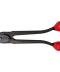 Beefy Heavy Duty Steel Strapping Tensioner With Size Specific Crimper For 1/2 Inch, 5/8 Inch, And 3/4 Inch Banding, showing red handles.