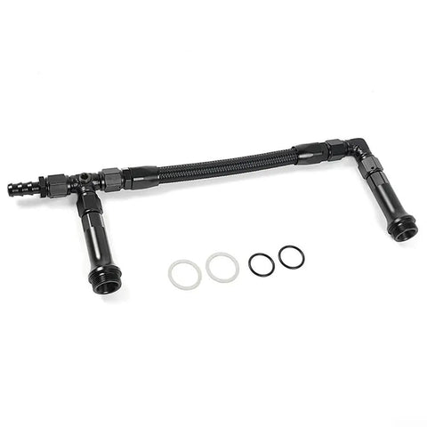 Upgrade Your Ride With This Rock Solid Holley AN6 Three Way Fuel Line Conversion Kit Designed For 4150 Carburetors To Ensure Smooth Flow And Serious Engine Efficiency No More Leaks Just Pure Performance. Black AN6 braided three-way fuel line kit for 4150 carburetors, shown with fittings and O-rings.