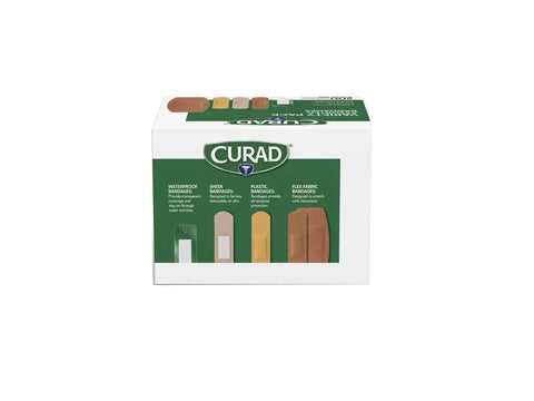 Box of assorted adhesive bandages with four sided seal for everyday wound care in a 200 count variety pack