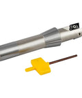Beefy Indexable End Mill With R8 Shank One Inch Cutting Diameter Five And Twenty Seven Thirty Second Inch Overall Length Ninety Degree Right Hand Cut Two Flutes Carbide Insert Ready AP16 Nickel Plated Includes Two APKT1604 Carbide Inserts shown with tool.