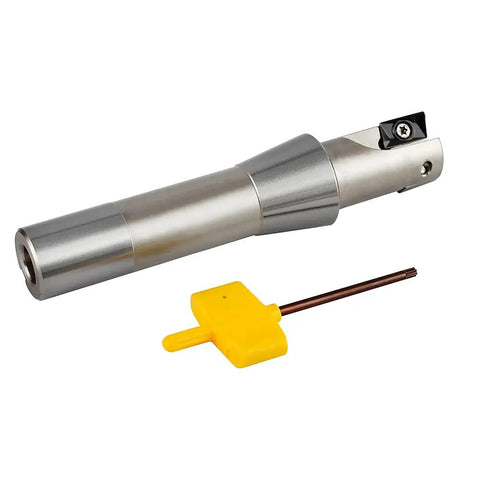 Beefy Indexable End Mill With R8 Shank One Inch Cutting Diameter Five And Twenty Seven Thirty Second Inch Overall Length Ninety Degree Right Hand Cut Two Flutes Carbide Insert Ready AP16 Nickel Plated Includes Two APKT1604 Carbide Inserts shown with tool.