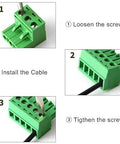 Installation steps for 8 Pin 3.81mm Pitch Screw Terminal Block Connector for 28 16 AWG Wire with PA6 housing.