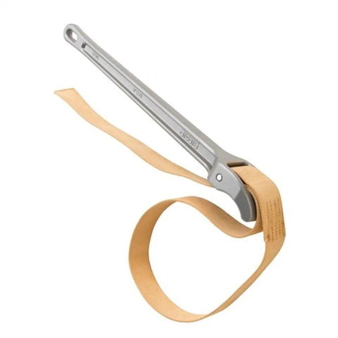 Lightweight Aluminum Pipe Strap Wrench 5 Inch Capacity Adjustable Strap Wrench For Plumbing Small Handle No Slip Grip Pro Grade Durability For Quick Pipe Fixes displayed on a white background.