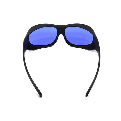 Kickass Laser Safety Glasses Optical Density Four Plus For 585 And 595 Nm Pulsed Dye Lasers Clear Polycarbonate Lenses, front view, blue lenses.