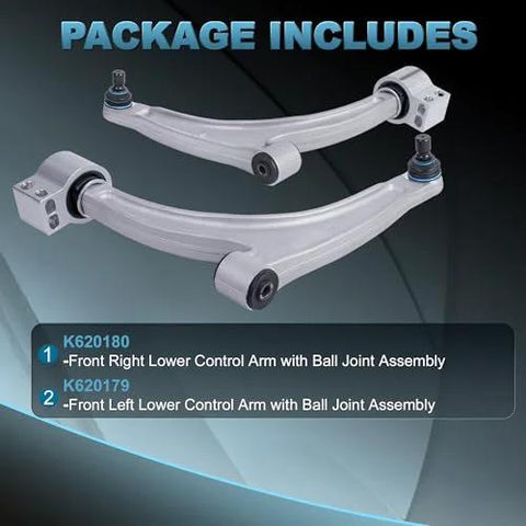 Beefed Up Front Left And Front Right Lower Control Arm Set With Ball Joints For 2004 2012 Chevrolet Malibu 2005 2010 Pontiac G6 2007 2009 Saturn Aura Replacement, showing two silver control arms with ball joints labeled K620180 and K620179.