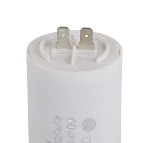 60uF 250V Motor Run Capacitor For Washers, Pumps And Air Compressors, top view of cylindrical power pack with terminals showing