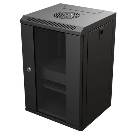 Front view of 9U 10 Inch Network Server Rack Cabinet 11.8 Inch Deep Wall Mount Tempered Glass Door Black With Preassembled Setup