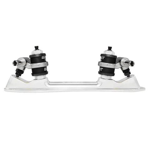 Side view of Zeus Roller Skate Speed Plate 7 Degree Action with no toe stop, quick release axles, 6061 aluminum chassis.