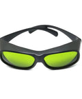 Top Tier Infrared Laser Safety Glasses Loaded With Multi Band Optical Density Shields And Slick Clear Lenses Crafted Hella Tough For Nd Yag Diode And Garage Laser Builds - black frame with green lenses.