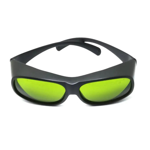 Top Tier Infrared Laser Safety Glasses Loaded With Multi Band Optical Density Shields And Slick Clear Lenses Crafted Hella Tough For Nd Yag Diode And Garage Laser Builds - black frame with green lenses.