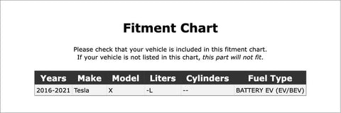 Fitment chart for Heavy Duty Hvac Heater Control Valve For Tesla Model X 2016 Through 2021 with vehicle details.