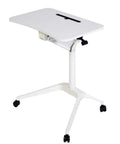 Mobile Standing Desk With Smooth Roll Casters Height Adjustable Sit To Stand Laptop Table Kick Back Remote Work Hub Rock Solid Rolling Cart With Pneumatic Height Adjustment in white with caster wheels.