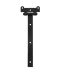Stainless Steel Self Closing Reversible Door Hinge T Shaped Heavy Duty Black with holes for mounting, viewed from front