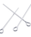 Real Sterling Silver Eye Pins, 50mm 2 Inch, 24 Gauge 0.5mm, 20 Pack For Jewelry Making, Hypoallergenic Nickel Free Lead Free Craft Wire Pins, Durable And Bendable. Sterling silver eye pins with loops, shown crossed on white background