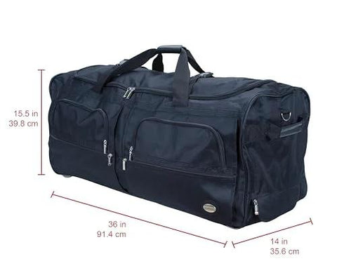Rockland rolling duffel bag on wheels, black, 36-inch size, front view with multiple zip pockets