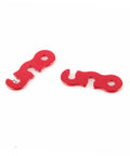 Two red six piece aluminum cord buckles for tent ropes quick knot adjusters antislip outdoor gear on white background.