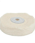 Pro Grade Cotton Buffing Wheel For Auto Detailing And Metal Polish 2 To 8 Inch Sizes With Yellow Firm And White Soft Variants For Straight Fire Shine And A No Sweat Cleanup Job - Soft white variant with metal center.