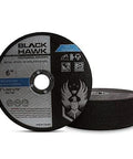 Front view of Black Hawk 6-inch metal and stainless steel cut-off wheels, 0.045 inch, 7/8-inch arbor, 25-pack.
