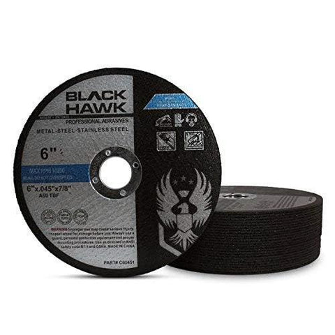 Front view of Black Hawk 6-inch metal and stainless steel cut-off wheels, 0.045 inch, 7/8-inch arbor, 25-pack.