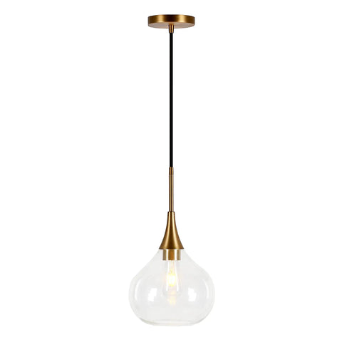 9 Inch Wide Pendant Light With Glass Shade In Brass And Clear Finish, showing elegant design, compact modern ceiling fixture