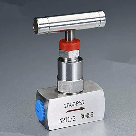 Front view: stainless steel needle valve, 1/2'' NPT, 2000 PSI, blue adjustment knob, 304SS body.