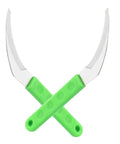 Two scythe tools from Six-Piece Gardening Tools Set For Weeding And Harvesting Scythe Root Removal Grass Cutting Flower Beds And Vegetable Gardens Durable Construction Easy-Grip Handles All-In-One Multi-Functional Garden Hand Tools with green handles.