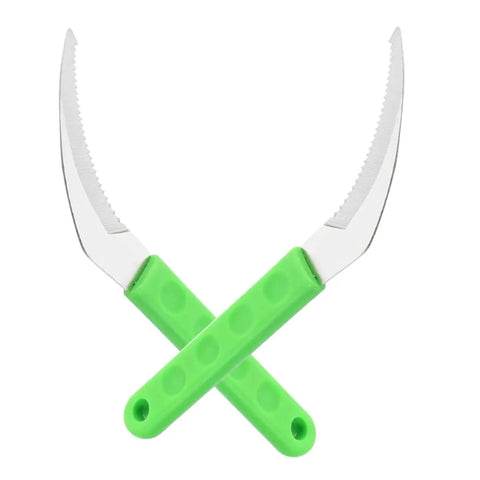 Two scythe tools from Six-Piece Gardening Tools Set For Weeding And Harvesting Scythe Root Removal Grass Cutting Flower Beds And Vegetable Gardens Durable Construction Easy-Grip Handles All-In-One Multi-Functional Garden Hand Tools with green handles.