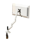 Straight Solid Monitor Mount With Extended Mechanical Arm Delivering Zero Wobble Support And Seamless Height Adjustments To Level Up Your Desktop Setup While Keeping Cables Organized For A Clean Workspace Every Day, featuring a white metal arm and mounting bracket.