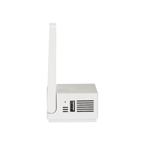 Side view of white base station from Battery Powered Wire Free Outdoor Security Camera Kit With Base Station 1080P Picture Night Vision.