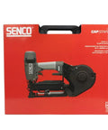 Heavy Hitter Pneumatic Cap Stapler Featuring A Rock Solid Three Eighths Inch Crown And Eighteen Gauge Design With Top Load Magazine, displayed in packaging.