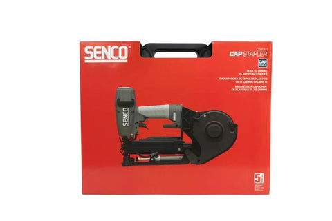 Heavy Hitter Pneumatic Cap Stapler Featuring A Rock Solid Three Eighths Inch Crown And Eighteen Gauge Design With Top Load Magazine, displayed in packaging.