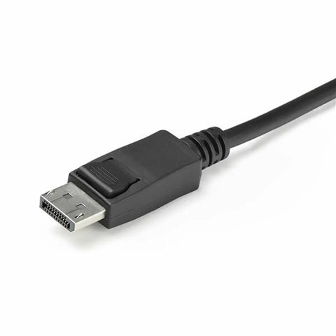 Plug And Play Dual Port DisplayPort KVM Switch With Integrated Cables And Reliable USB Console connector showing locking mechanism.