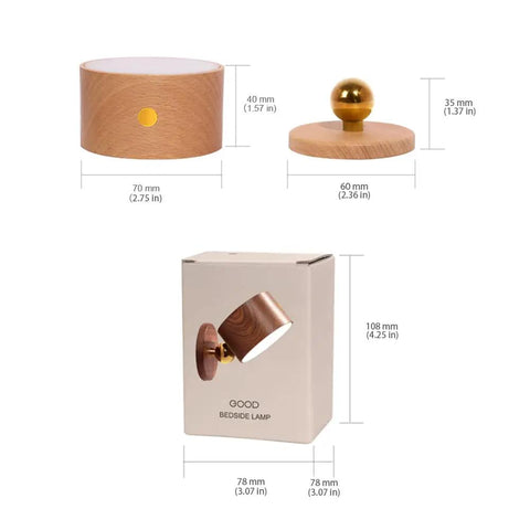 Product packaging and dimensions for Wireless Wall Mounted Reading Light Two-Pack With USB Charging Port, 360 Degree Magnetic Ball