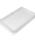 Heavy Duty Metal Wall Access Panel With Slick White Finish Flows Right Over 10 By 16 Inch Drywall Cutouts shown from above.