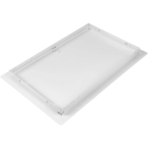 Heavy Duty Metal Wall Access Panel With Slick White Finish Flows Right Over 10 By 16 Inch Drywall Cutouts shown from above.