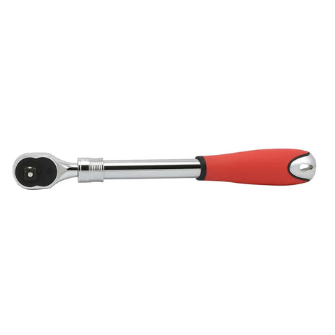 Extendable One Half Inch Drive Ratchet Handle With 72 Tooth Reversible Ratcheting And Soft Grip For Tight Spaces, red handle visible.