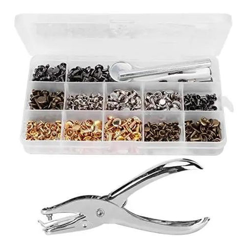 Heavy Duty Double Sided Rivet Plier Kit With 240 Piece Leather Snap Fastener Collection includes various studs and tool.