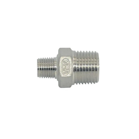 Half Inch To Quarter Inch Stainless Steel NPT Reducing Nipple Fitting Hex Reducer, Male Threads On Both Ends, SS304 Plumbing Adapter For Pipe Size Change, Heavy Duty, 150 PSI At 70 F, Rust And Corrosion Resistant, stainless steel hex reducer